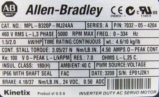 Allen-Bradley MPL-B320P-MJ22AA Kinetix MPL Servomotor met lage traagheid