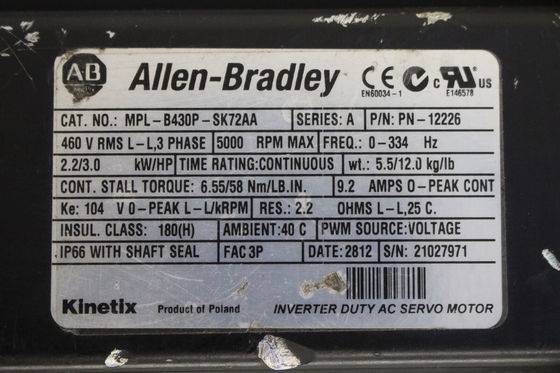 Alleen-Bradley MPL-B430P-SK72AA MPL-serie MPL 480V AC roterende servomotor