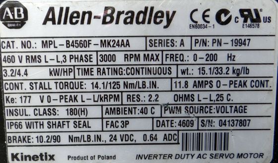 Alleen-Bradley MPL-B4560F-MK24AA MPL-serie MPL 480V AC roterende servomotor