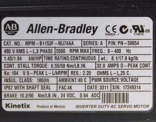 Alleen-Bradley A20B-0007-0361 MP-serie MPM 480V wisselstroom servomotor