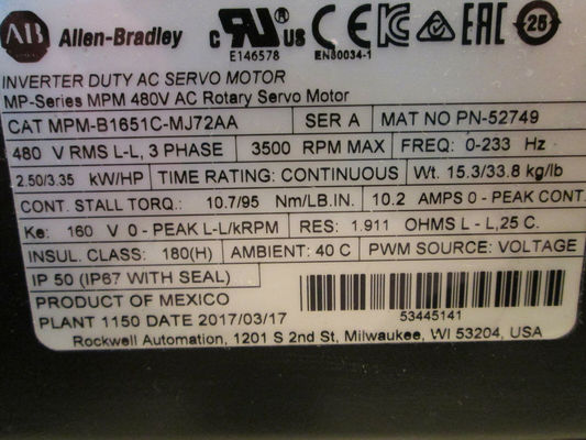 Allen-Bradley MPM-B1651C-MJ72AA MPM-serie MPM 480V AC-roterende servomotor