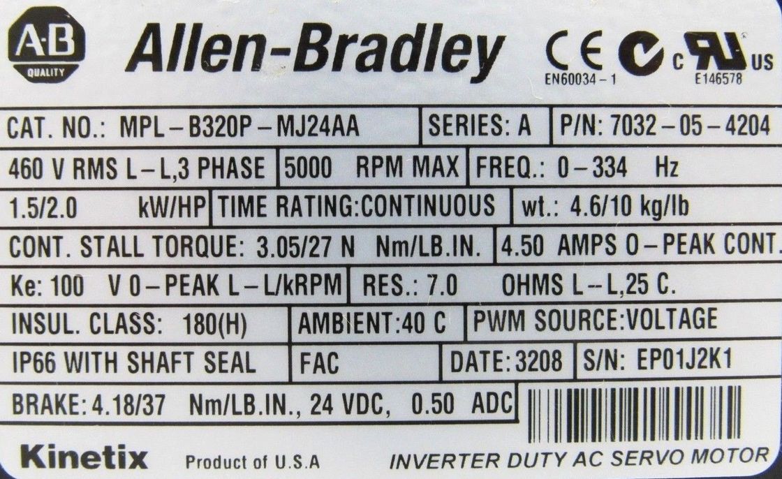 Allen-Bradley MPL-B320P-MJ24AA MPL-serie MPL 480V AC roterende servomotor