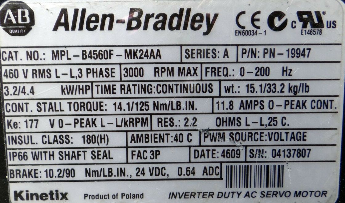 Alleen-Bradley MPL-B4560F-MK24AA MPL-serie MPL 480V AC roterende servomotor